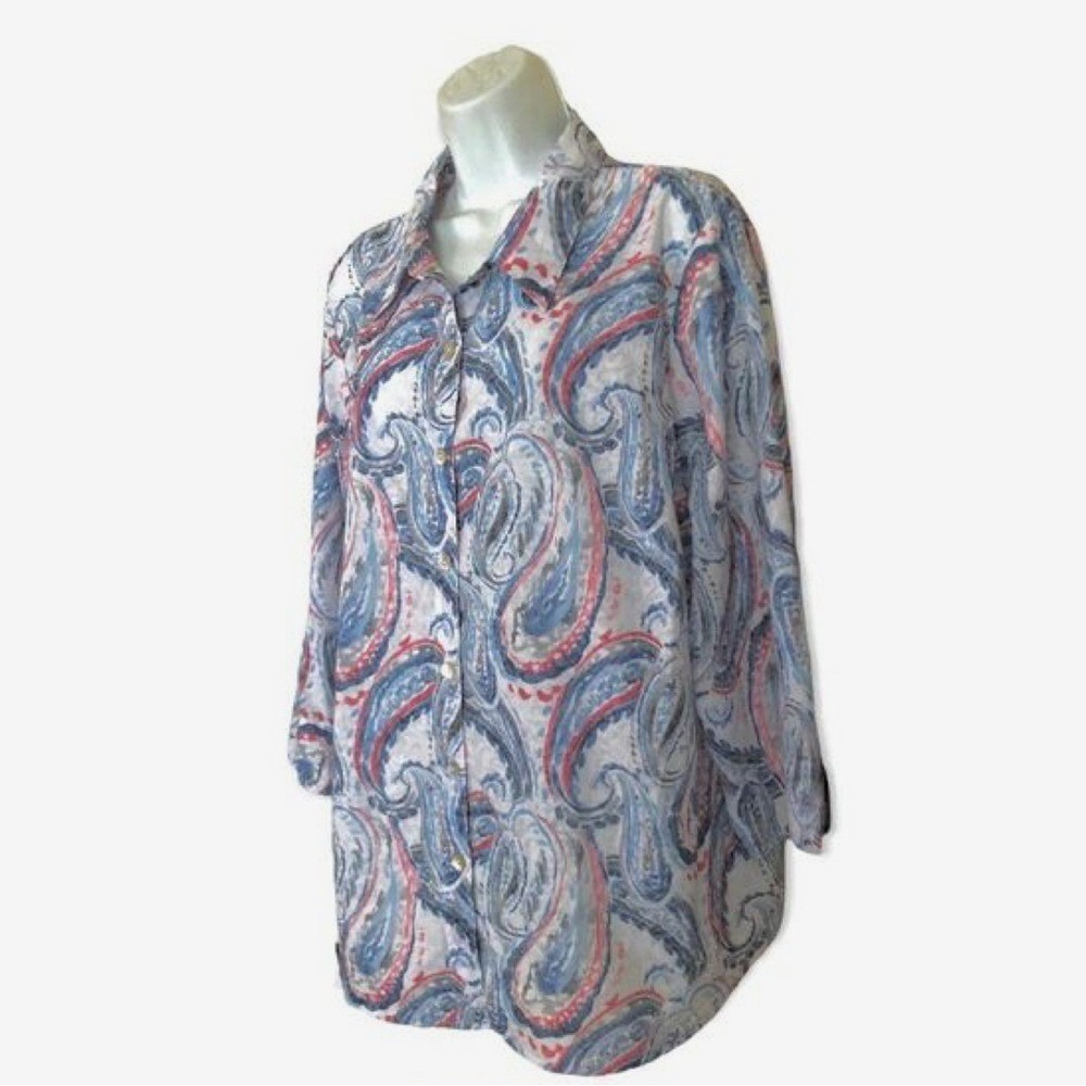 Alfred Dunner Blue Pink Paisley Button Front Blouse Women's XL Roll Tab Shirt - Picture 6 of 16